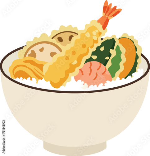 Assorted Japanese tempura and rice in a bowl.