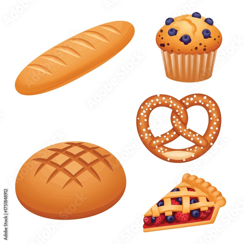 A collection of freshly baked goods including a baguette, muffin, pretzel, round loaf, and a slice of pie.