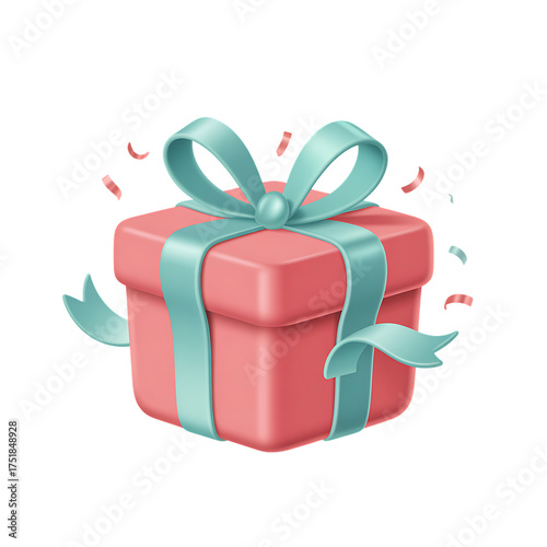 Pink 3d gift box with ribbon bow and confetti on transparent background