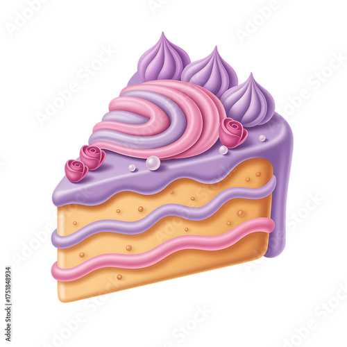 Piece of fancy cake with pink and purple frosting on transparent background