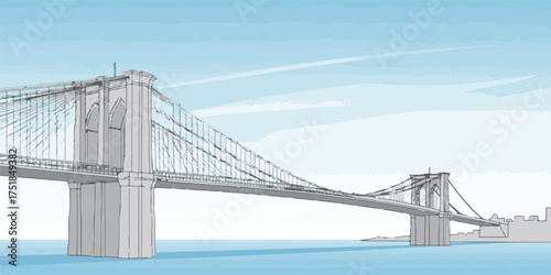 Elegant illustration of the Brooklyn Bridge featuring detailed cables and clean geometric lines under a soft blue gradient sky