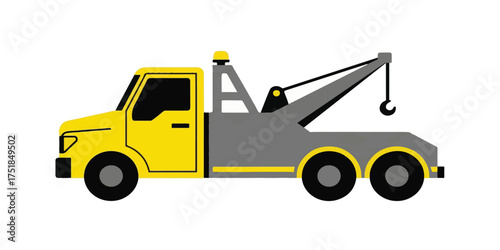 Clean illustration of a yellow tow truck viewed from the side, designed with geometric precision and solid colors