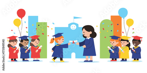 Children Celebrating Kindergarten Graduation with Bright Colors