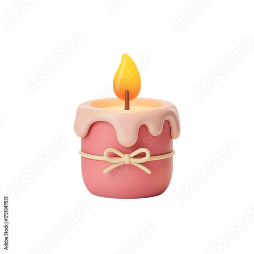 Pink candle with bow on transparent background, 3d render of cute decor