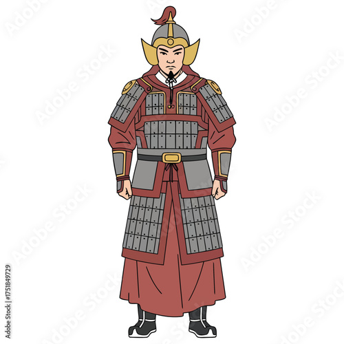 Brave Asian warrior standing tall wearing traditional armor and helmet ready fight