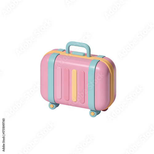 Pink pastel suitcase with blue and yellow accents on transparent background, 3d render