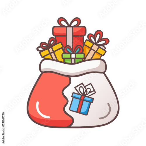 Cartoon sack filled with colorful gift boxes tied with ribbons for festive celebrations 

