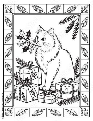 Whimsical outline drawing of a fluffy cat surrounded by christmas presents and holly berries a festive holiday scene perfect for coloring vector
