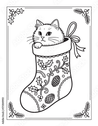 Adorable fluffy kitten peeking out of a festive Christmas stocking adorned with holly and pinecones a delightful holiday-themed line art for coloring. vector