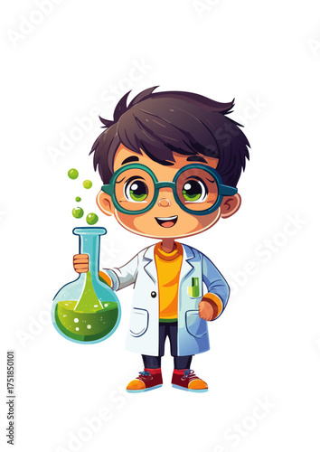 A cartoon illustration of a young boy dressed as a scientist. He has dark hair, wears large teal-rimmed glasses, a white lab