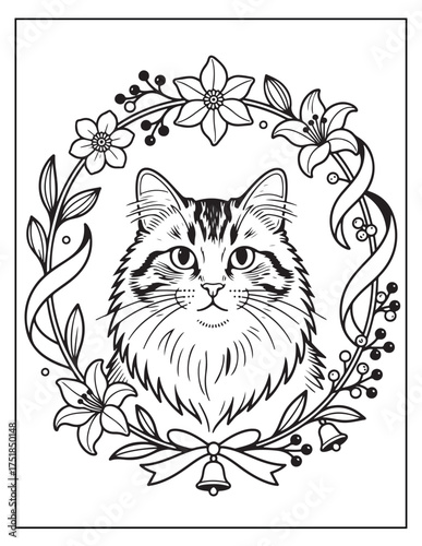 Detailed realistic hand drawn portrait of a fluffy tabby cat's face framed by a floral wreath with ribbons and a bell an artistic design for coloring pages and creative projects vector