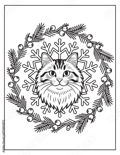 Whimsical cat mandala design perfect for holiday coloring pages festive winter animal art embrace the spirit of the season with this charming feline creation vector