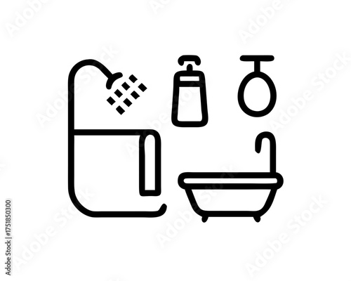 Bathroom interior design with bathtub, shower, soap and mirror