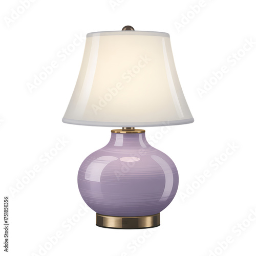 Purple table lamp with white lampshade and golden base on transparent background