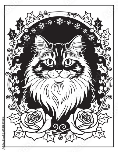 Intricate black and white line art of a fluffy cat surrounded by roses and holly festive decorative frame design for whimsical holiday or pet themed projects vector