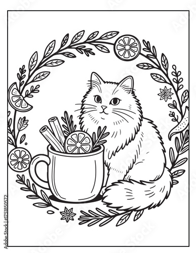 Fluffy cat beside cozy mug filled with cinnamon sticks and citrus slices framed by autumnal wreath festive holiday season celebration vector