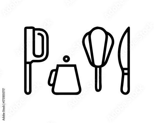 Kitchen utensils including knife and whisk