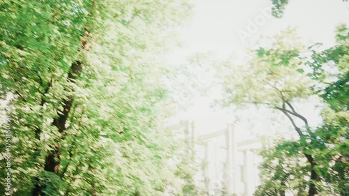 Happy woman jogging in green park on sunny morning