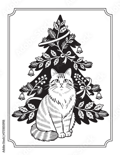 Charming fluffy cat sitting beneath a decorated christmas tree festive holiday portrait adorable pet holiday season celebration vector