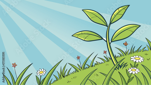 A young plant reaching toward the morning sun in a peaceful field.green background