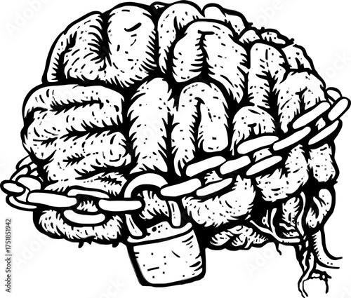 Brain in Chains Vector Illustration – Concept of Mental Control, Restriction, and Thought Captivity
