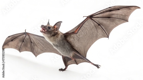 Mexican Free-Tailed Bat with long narrow wings, short muzzle, and tail extending beyond the membrane, isolated on a clean white studio background, realistic flying mammal portrait, sharp focus, profes