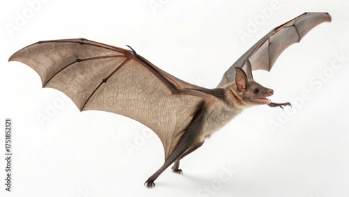 Mexican Free-Tailed Bat with long narrow wings, short muzzle, and tail extending beyond the membrane, isolated on a clean white studio background, realistic flying mammal portrait, sharp focus, profes