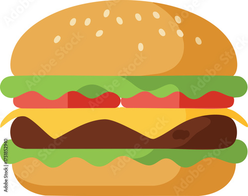 Illustration of a burger with cheese, lettuce, tomato, and sesame seeds on a bun.