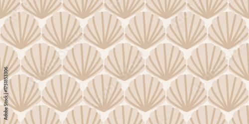 Geometric beige seamless pattern of stylized sea shells. Endless decorative texture. Vector abstract marine repeating background for fabric, packaging, wrapping paper, textile, wallpaper