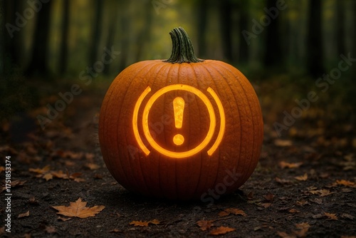 Jack o Lantern with Car Brake Warning Symbol Glowing in Dark Forest — Spooky Automotive Halloween Concept