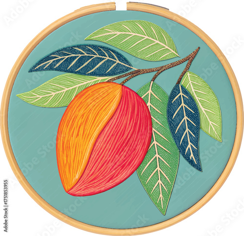Vibrant mango art in embroidery hoop, creative botanical illustration, perfect for tropical themes and summery designs, handmade craft inspiration