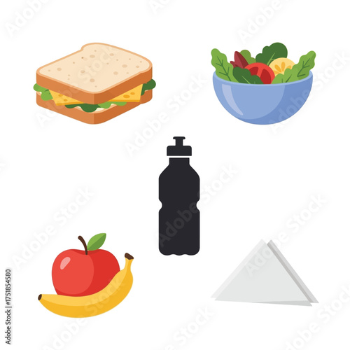 A collection of healthy food items including a sandwich, salad, apple, banana, and a water bottle, along with a napkin.