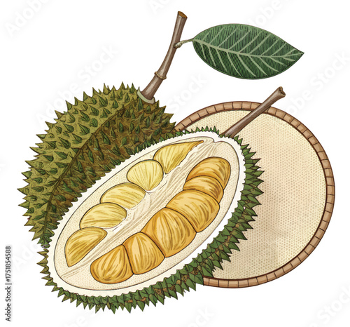 Exotic durian fruit illustration, a vibrant tropical treat with a unique flavor profile perfect for foodie designs and healthy eating campaigns
