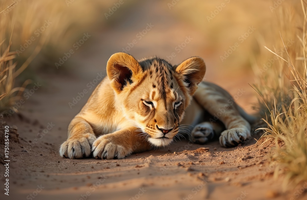 Naklejka premium Small lion cub rests on ground in savannah. Young cat has a rest on wild african nature. Cute cub is relaxing, dreaming about hunt adventure in wilderness.