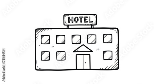 Hand-drawn sketch of a simple hotel building with a prominent sign.