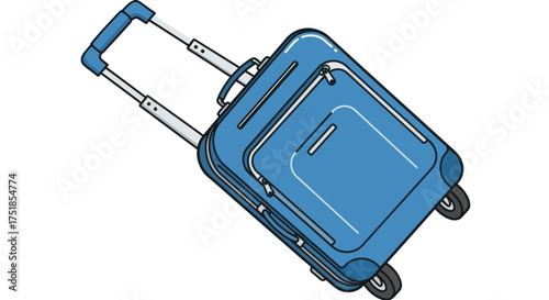 A blue rolling suitcase with a retractable handle and wheels for travel.