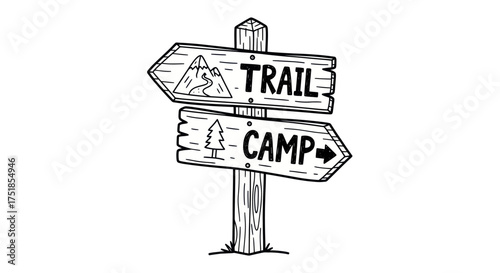 Wooden directional signpost indicating Trail and Camp with hand-drawn illustrations.