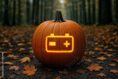 Glowing Jack o Lantern with Car Battery Warning Symbol — Spooky Automotive Halloween Concept