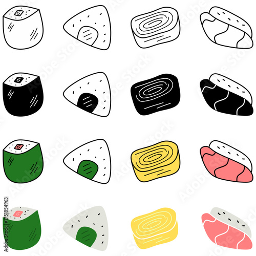 Hand drawn of colorful Cute Sushi and Onigiri Doodle Set. 