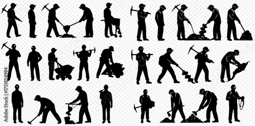 A collection of black silhouettes depicting construction workers and miners engaged in various manual labor tasks.