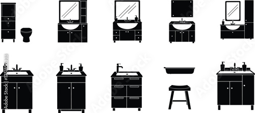 Black silhouette vector illustration of bathroom vanity cabinets with sinks, mirrors, toilet, bathtub, stool, modern furniture, washroom interior design