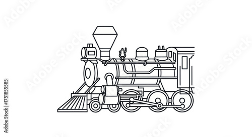 Detailed Line Drawing of a Classic Steam Locomotive.