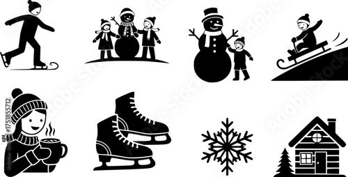 Winter activities: ice skating and family fun icons in simple silhouette style
