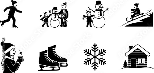 Winter activities: ice skating and family fun icons in simple silhouette style
