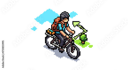 Pixel Art Cyclist with Backpack Riding Bicycle Near Green Tree and Arrow Sign.