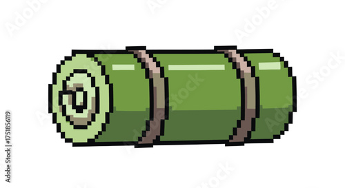 Pixel art rolled green camping mat or sleeping bag.