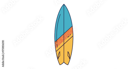 Colorful Cartoon Surfboard with Blue Orange and Yellow Design.