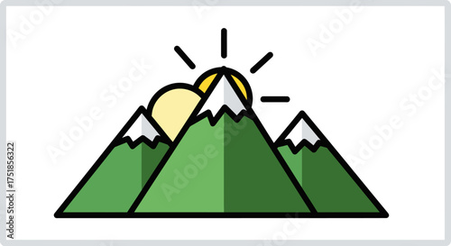 Stylized Green Mountains with Sun Rising Behind Peaks.