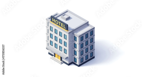 Modern Isometric Hotel Building with HOTEL Signage.