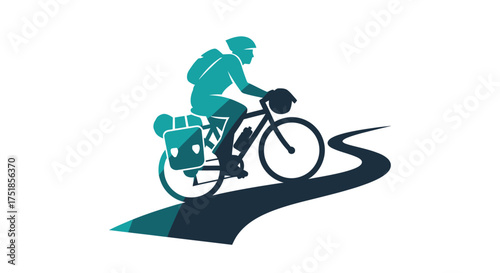 Stylized illustration of a cyclist on a touring bicycle with gear on a winding road.
